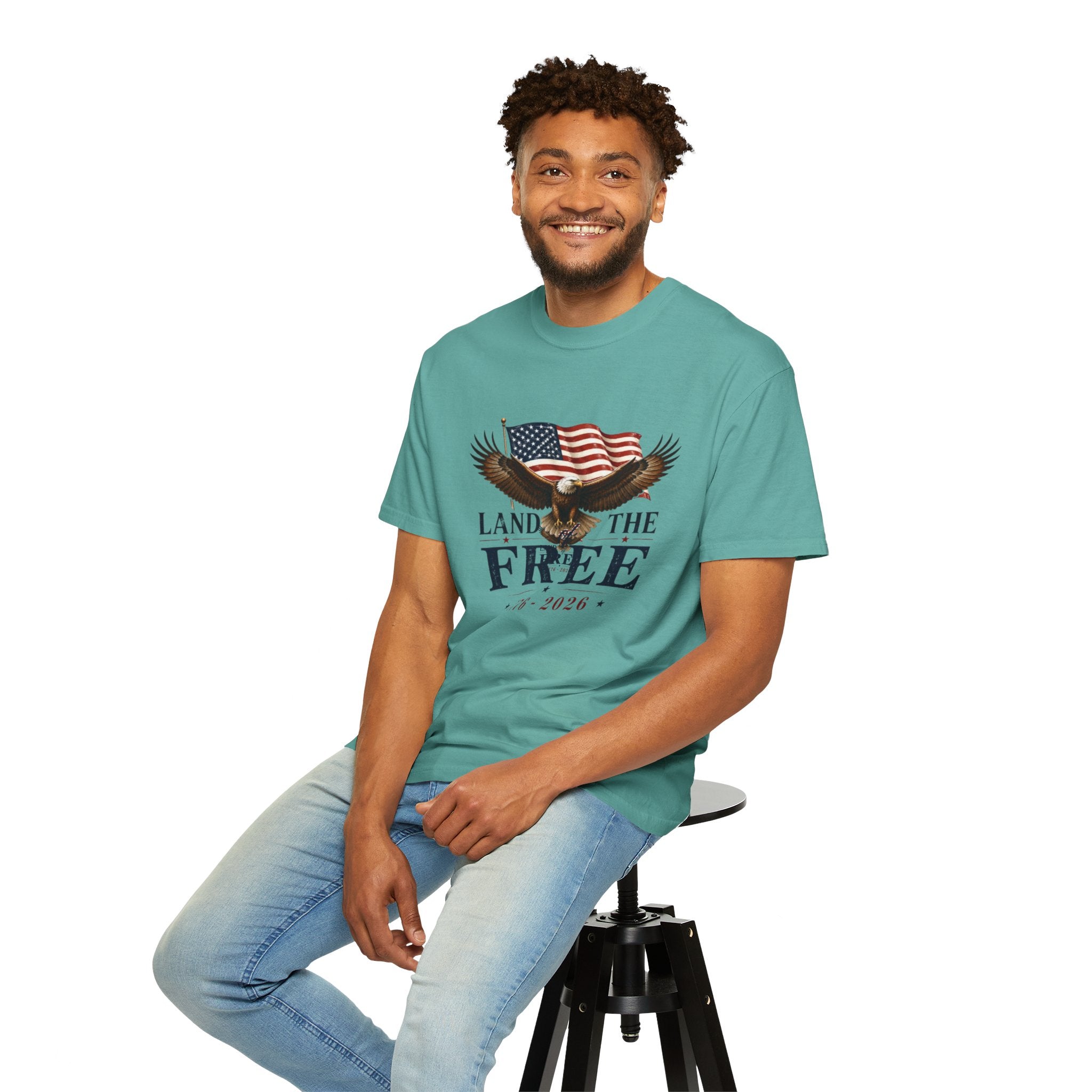 Patriotic "Land of the Free 1776-2026" T-Shirt — Eagle & American Flag Tee