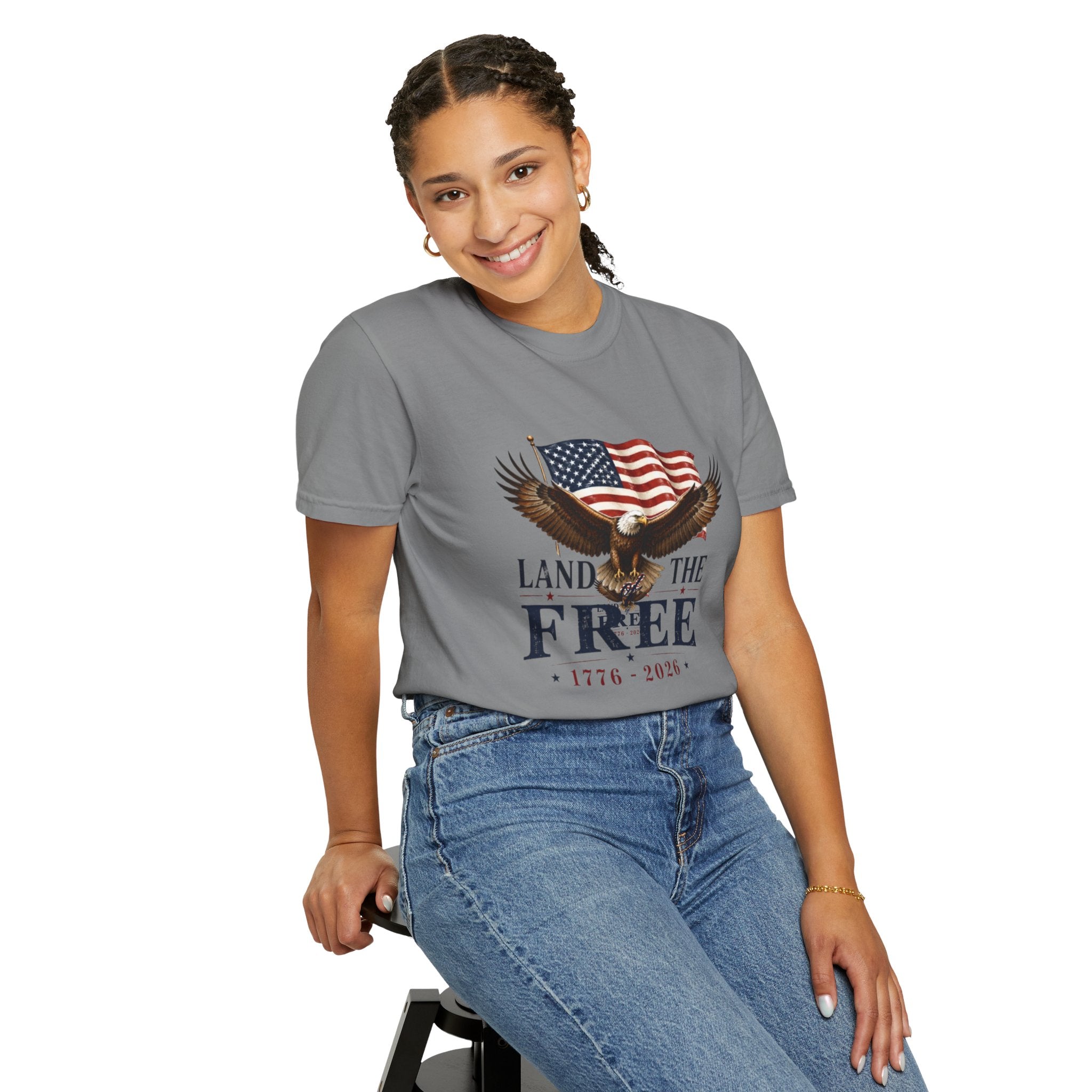 Patriotic "Land of the Free 1776-2026" T-Shirt — Eagle & American Flag Tee