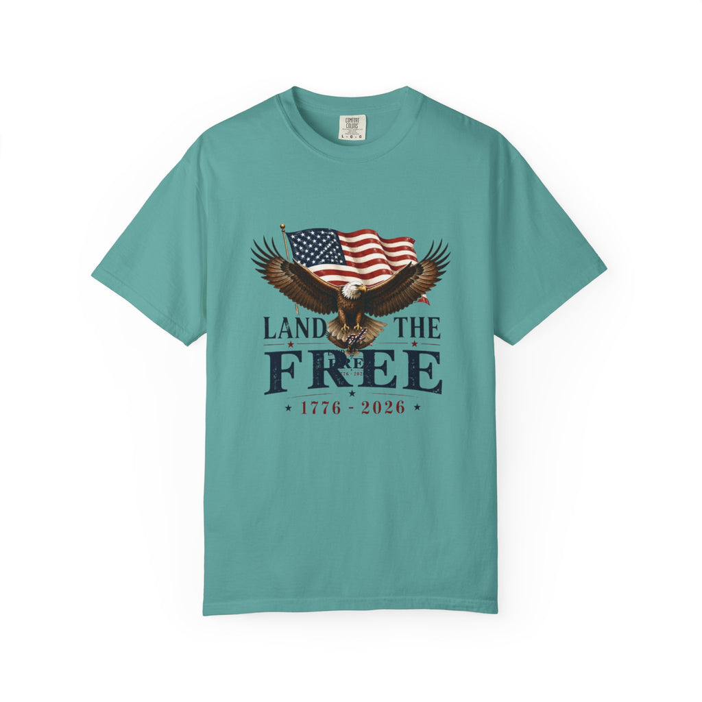 Patriotic "Land of the Free 1776-2026" T-Shirt — Eagle & American Flag Tee