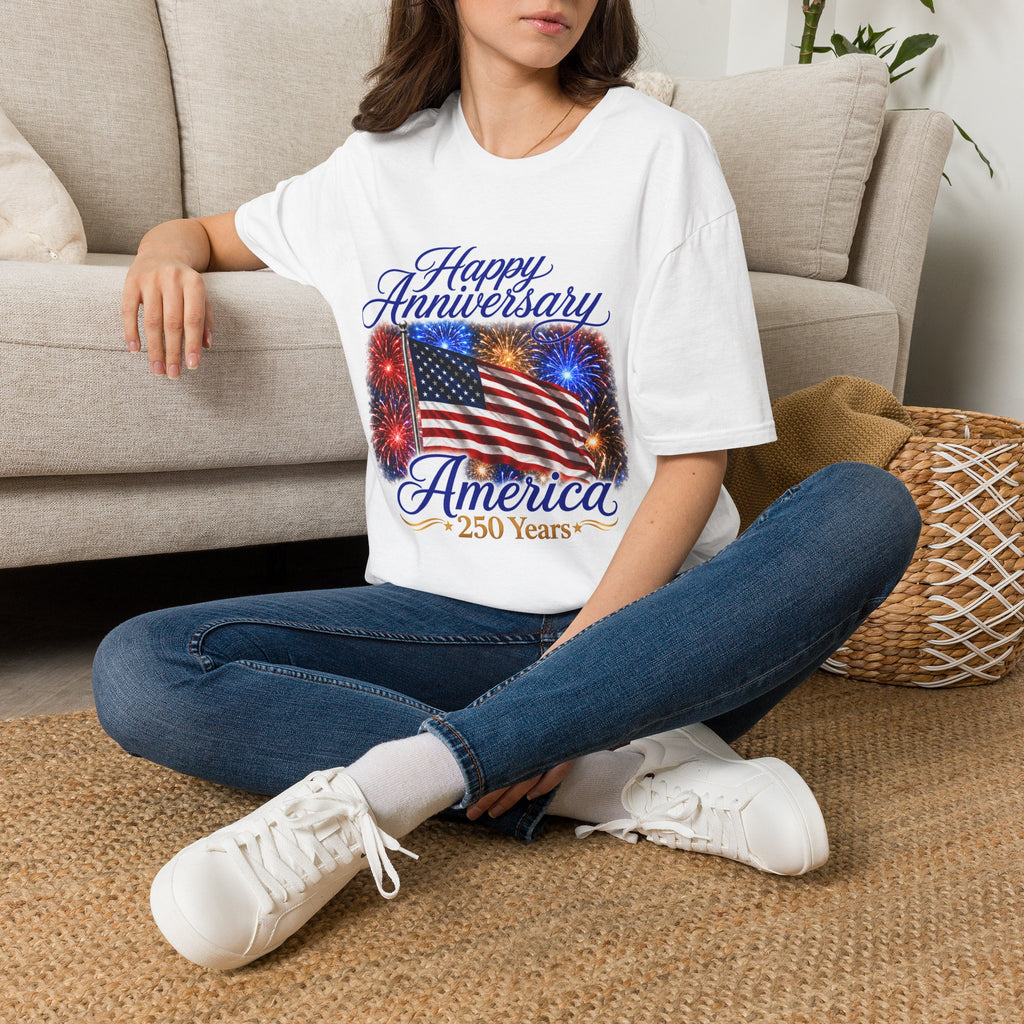T-Shirt — "Happy Anniversary America" Patriotic Flag & Fireworks Tee