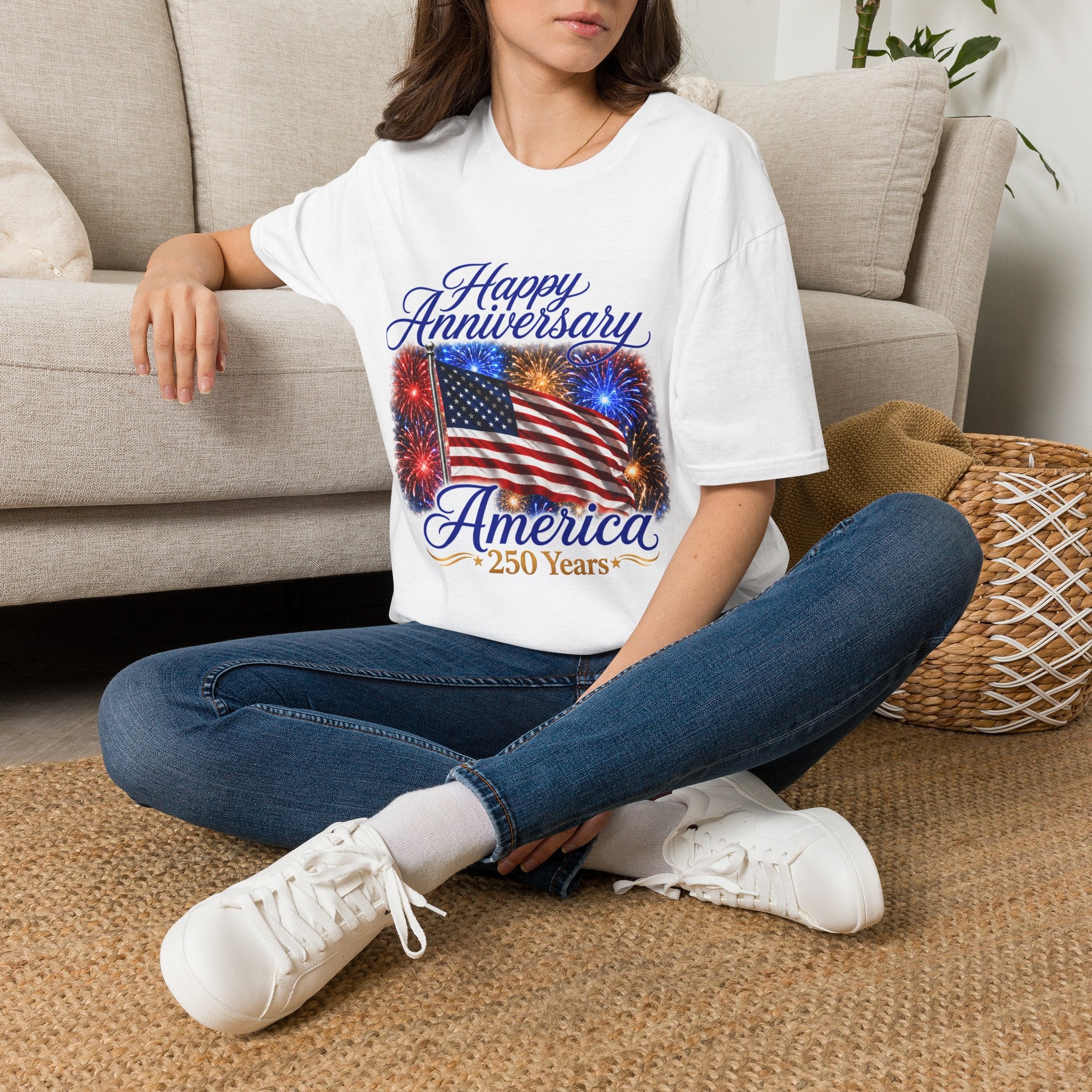 T-Shirt — "Happy Anniversary America" Patriotic Flag & Fireworks Tee