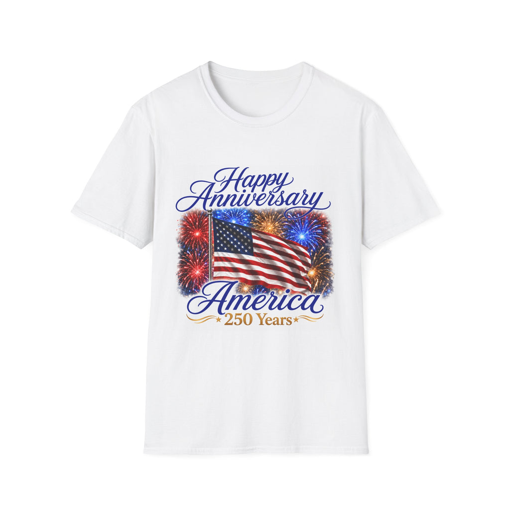 T-Shirt — "Happy Anniversary America" Patriotic Flag & Fireworks Tee