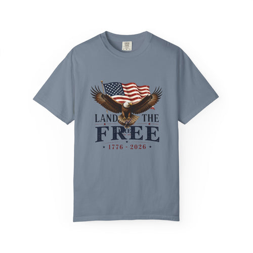 Patriotic "Land of the Free 1776-2026" T-Shirt — Eagle & American Flag Tee
