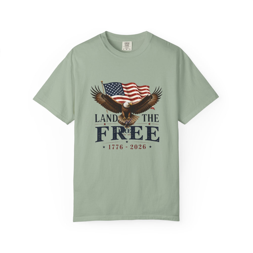 Patriotic "Land of the Free 1776-2026" T-Shirt — Eagle & American Flag Tee