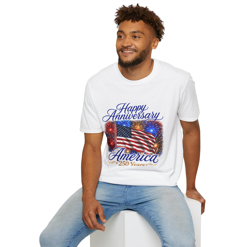 T-Shirt — "Happy Anniversary America" Patriotic Flag & Fireworks Tee