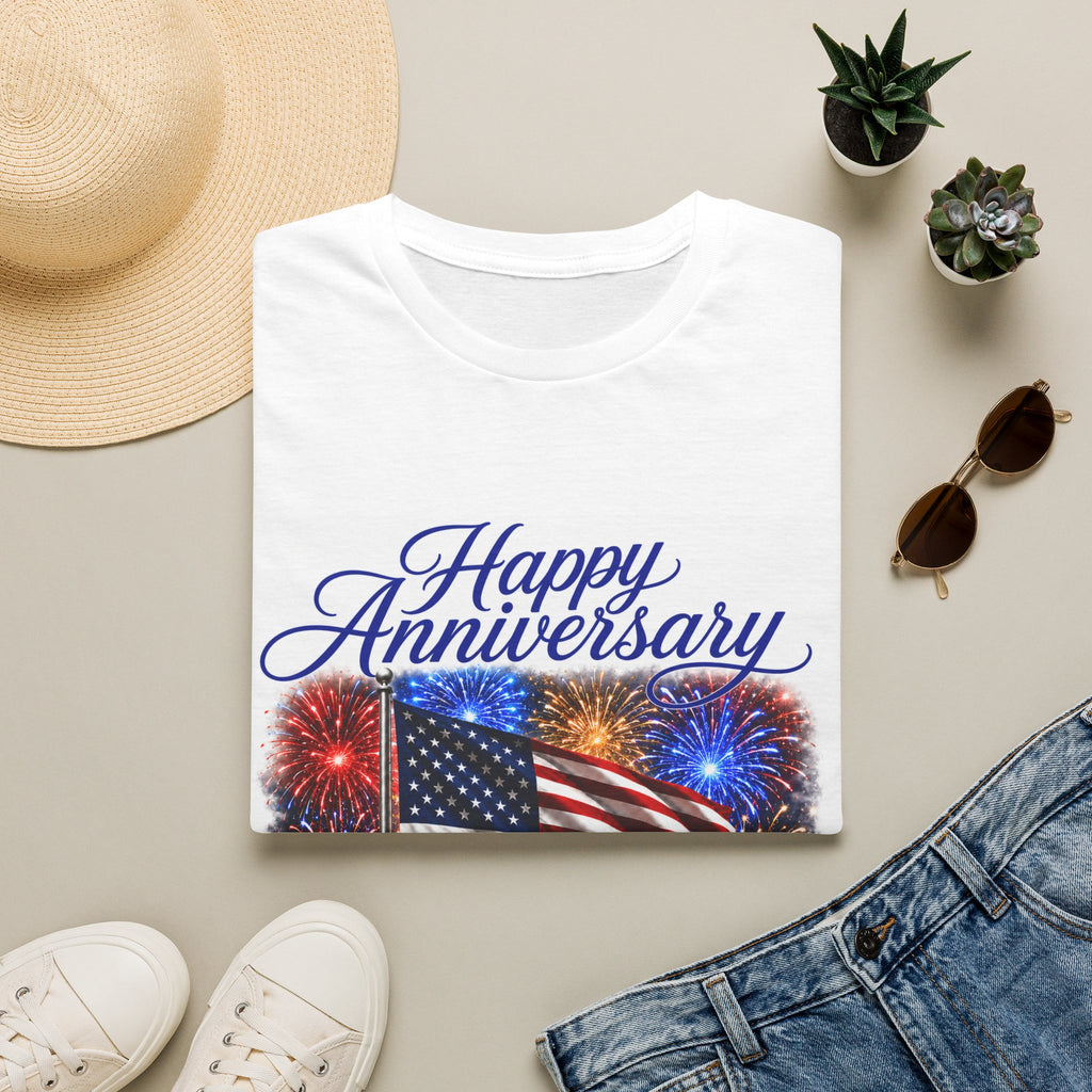 T-Shirt — "Happy Anniversary America" Patriotic Flag & Fireworks Tee
