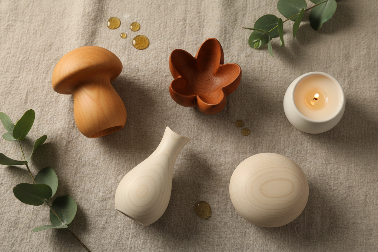 Four USB aroma diffusers in mushroom, flower and vase styles with wood grain finish arranged in a cozy wellness lifestyle setting